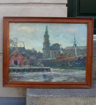 Ejnar Larsen (1902) Copenhagen Harbor With Icelandic Steamship,  Gullfoss.  Rare.