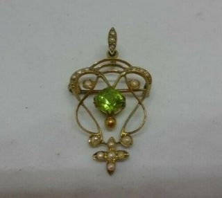 9ct Gold Victorian Lavaliere Pendant/ Brooch With Peridot And Seed Pearls