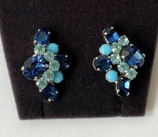 Vintage Signed Christian Dior By Mitchel Maer Blue Crystal Clip Earrings