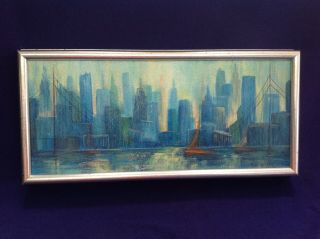 Signed Mid Century Modern Art Semi Abstract York City Bridge Oil Painting