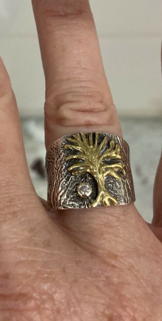 Vtg Sterling Silver,  18k & Diamond Tree Of Life Wide Band Ring Sz 8 1/2 (signed)