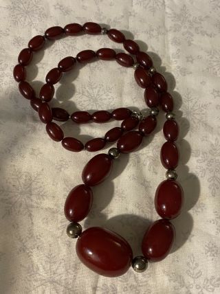 Vtg Cherry Amber Bakelite Faturan Graduated Bead Necklace 49 Grams 2
