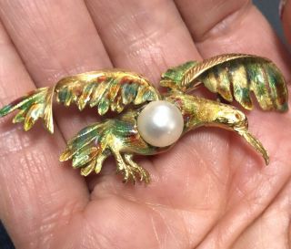 18k Yellow Gold Multi Color Enameled Heron Bird Brooch/ Pin With Pearl 8.  2 G