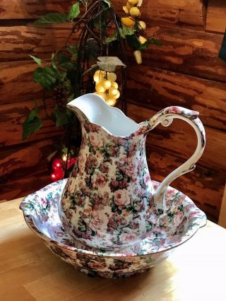 Multi Pink/red Rose Water Pitcher And Wash Bowl Basin W/golden Edging - Unbranded
