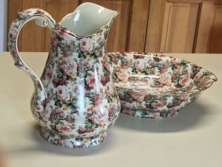 Multi Pink/Red Rose Water Pitcher And Wash Bowl Basin W/Golden Edging - Unbranded 3