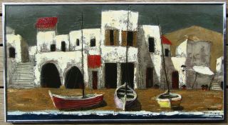 Listed Robert Farrington Mexican Villa W/ Boats View Large Older Oil Painting Nr