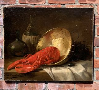 French Artist Albert Arthur Brunel De Neuville Painting.  Still Life With Lobster