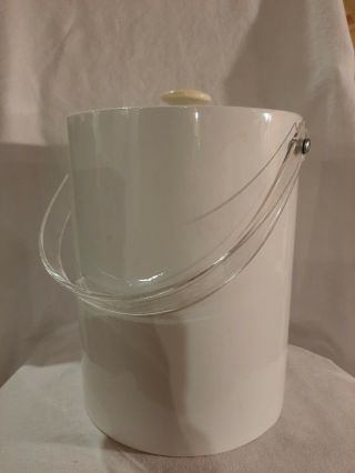 Vintage White Vinyl Mcm Ice Bucket Pail With Clear Acrylic Handle Lid 10 " Tall