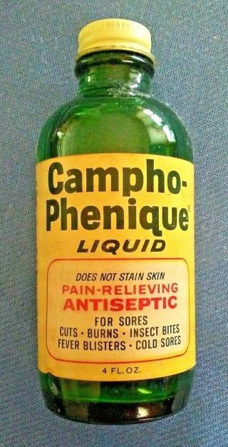 Vintage Campho Phenique Liquid,  Green Bottle W/original Lid & Paper Label,  4oz