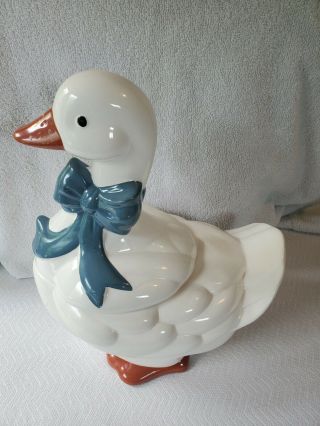 Vintage Cookie Jar Duck Mother Goose With Blue Ribbon Bow Taiwan Anco