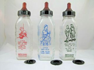 3 Vintage 1950s Samuel Callet Smith Dairy Nursery Rhyme Baby Bottles