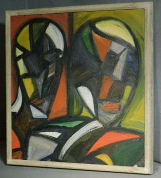 Big Vintage Abstract Oil Painting Black Line Cubism Mid - Century Colorful