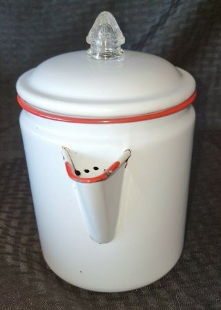 Vintage Red And White Enamel Ware Cowboy Coffee Pot Kettle Teapot