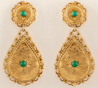 14k Gold Florentine Teardrop Earrings W Turquoise Estate Vintage