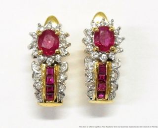 Fine Natural Ruby Diamond 14k Gold Earrings Ladies Signed Half Hoop Long Huggies