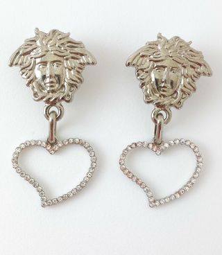 Authentic Gianni Versace Silver Tone Iconic Medusa Head Heart Dangling Earrings