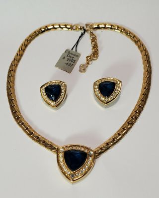Christian Dior Vintage 16.  5 " Necklace With Blue Pendant And Matching Earrings.