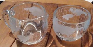 Vintage Nestle " World Globe " Map Frosted Etched Glass ☆creamer & Sugar Bowl Set☆