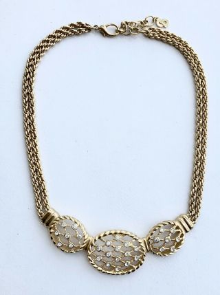Couture Christian Dior Crystals In Open Weave Gold Necklace Vtg & Gorgeous