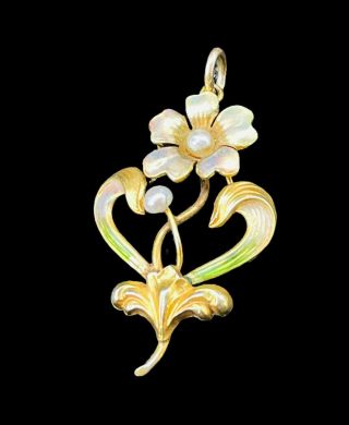 Art Nouveau 14k Gold Enamel Seed Pearls Pendant Krementz