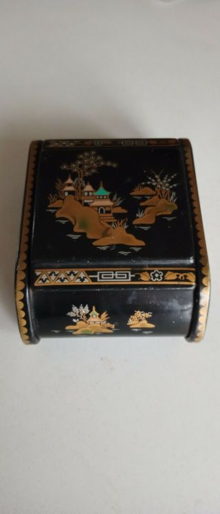 Vintage Black Enamel Oriental Design Trinket Box