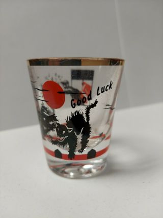 Vintage Mid Century Modern Good Luck Black Cat Shot Glass 60s Halloween R 2