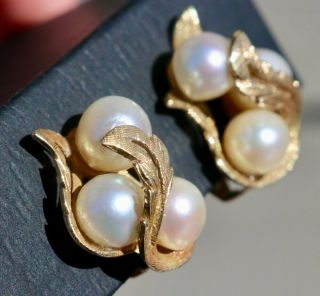 14k 585 Solid Yellow Gold 12.  8grams Pearl 7/8 " Clip - On Earrings