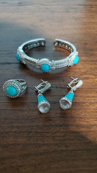 Judith Ripka 925 Sterling Silver Cz Turquoise Set Cuff Bracelet Pendant Ring