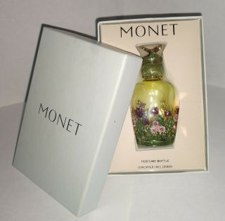 Yellow Green Glass & Enameled Monet Butterfly Floral Perfume Bottle In Orig.  Box