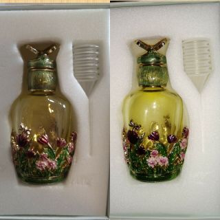 Yellow Green Glass & Enameled Monet Butterfly Floral Perfume Bottle in Orig.  Box 3