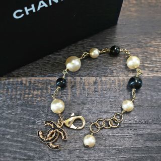 Chanel Gold Plated Cc Logos Black Imitation Pearl Chain Bracelet 6873a Rise - On