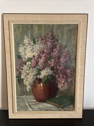 Framed Floral Still Life With Goethe Book Oil Painting.  Signed Leonhard