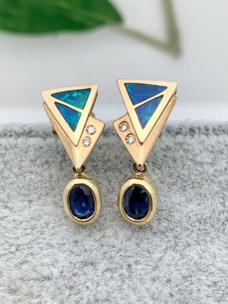 14k Gold Thai Sapphire,  Black Opal And Diamond Drop Earrings - Vintage,  Estate