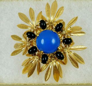 Vintage Signed 1966 Christian Dior Germany Blue Cabochon Flower Brooch Pin