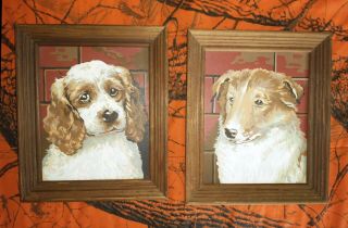 Vintage Framed Matching Paint By Numbers Of Puppy Dogs