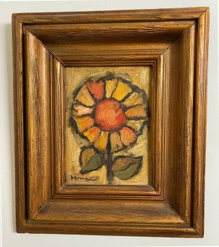 Vintage Mid Century Brutalist Impasto Sunflower Flower Painting Signed 12 X 14