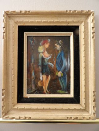 Vintage Illustrative French Street Scene Girl Guy Lady Of The Night Oil Painting