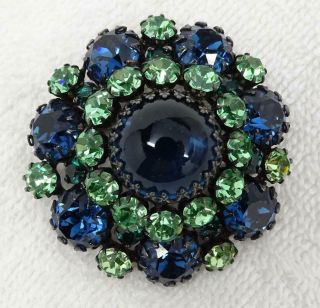 Vintage Unsigned Schreiner Sapphire Blue & Peridot Green Rhinestone Brooch