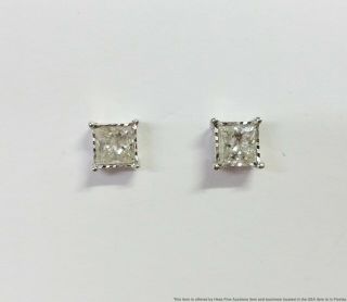 Vintage 0.  80ctw Princess Cut Diamond Solid White Gold Ladies Stud Earrings
