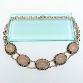Vintage Chinese Export Sterling Silver Filigree,  Enamel & Rose Quartz Necklace