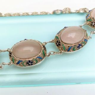 Vintage Chinese Export Sterling Silver Filigree,  Enamel & Rose Quartz Necklace 2