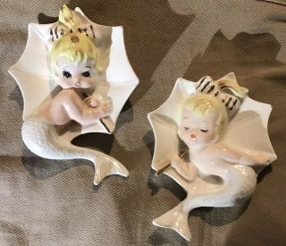 Vintage Enesco Mermaid Babies Umbrella Ceramic Wall Plaques