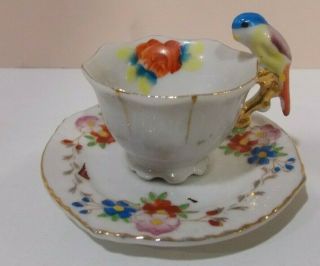 Vintage Miniature Mini Tea Cup And Saucer With Parrot Bird Handle,  Japan