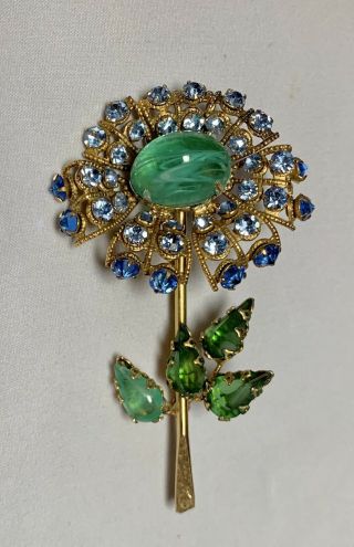 Vtg Schreiner York Inverted Rhinestone Amber Blue Green Flower Brooch Pin