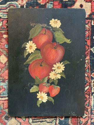 Vtg Signed 1975 Fruit Painting On Wood Board 14x10 Apples Strawberry