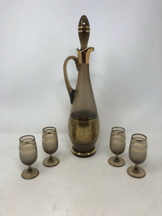 Vintage Mid Century Modern Decanter With 4 Glasses Gold Flowers Mcm