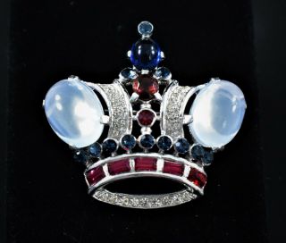 1940s Iconic Crown Trifari Sterling Silver Moonstone Cabochons Crown Brooch