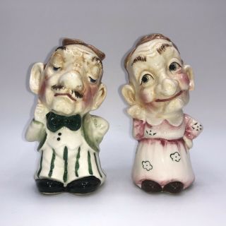 Vintage Old Man & Woman Character Salt & Pepper Shakers Ceramic Heads Japan