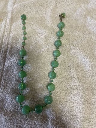 Rare Vintage Signed Miriam Haskell Molded Green Glass Bead Necklace