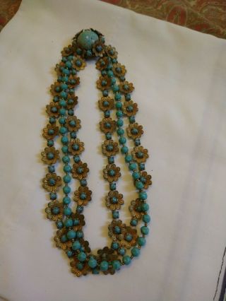 Signed Miriam Haskell Vintage Necklace Goldtone Blue Glass Beads Stunning